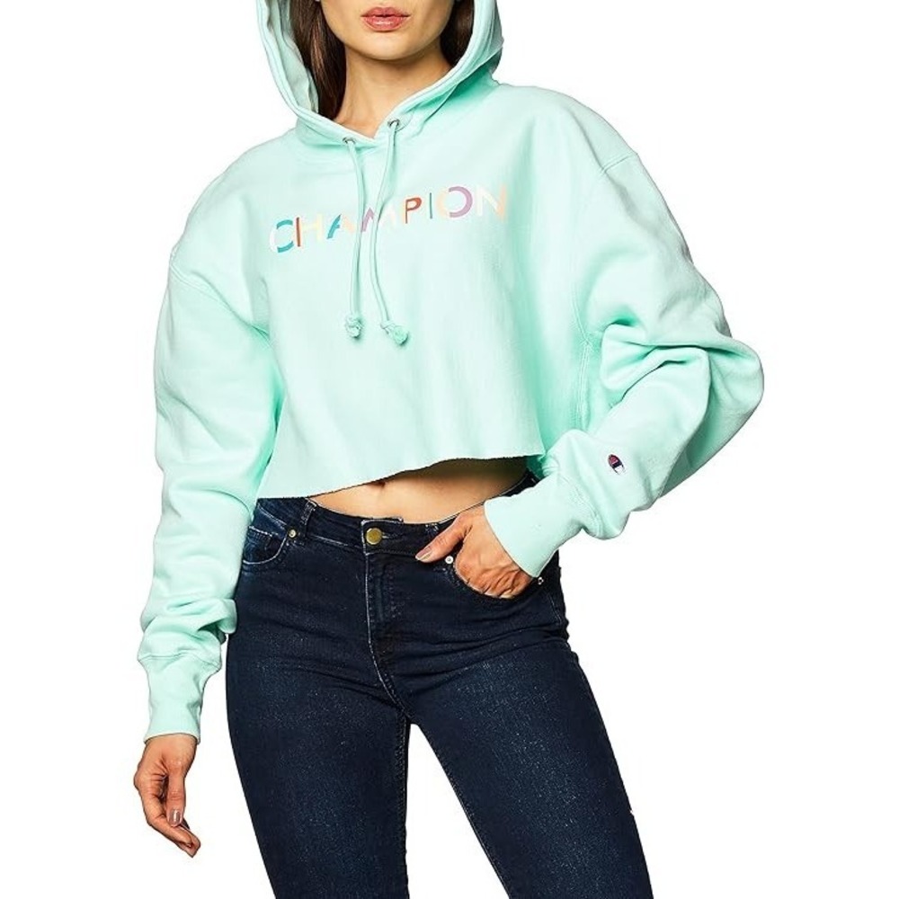NWT Champion Reverse Weave Cropped Cut Off Hoodie Sweatshirt Blue M Oversized - Picture 12 of 12